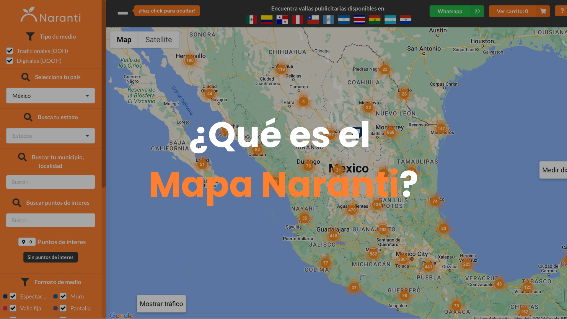 mapa naranti, publicidad exterior, campañas publicitarias, medios exteriores, anuncios espectaculares, vallas fijas, muros publicitarios, pantallas digitales, mupis, planificación publicitaria, impacto publicitario, selección de medios